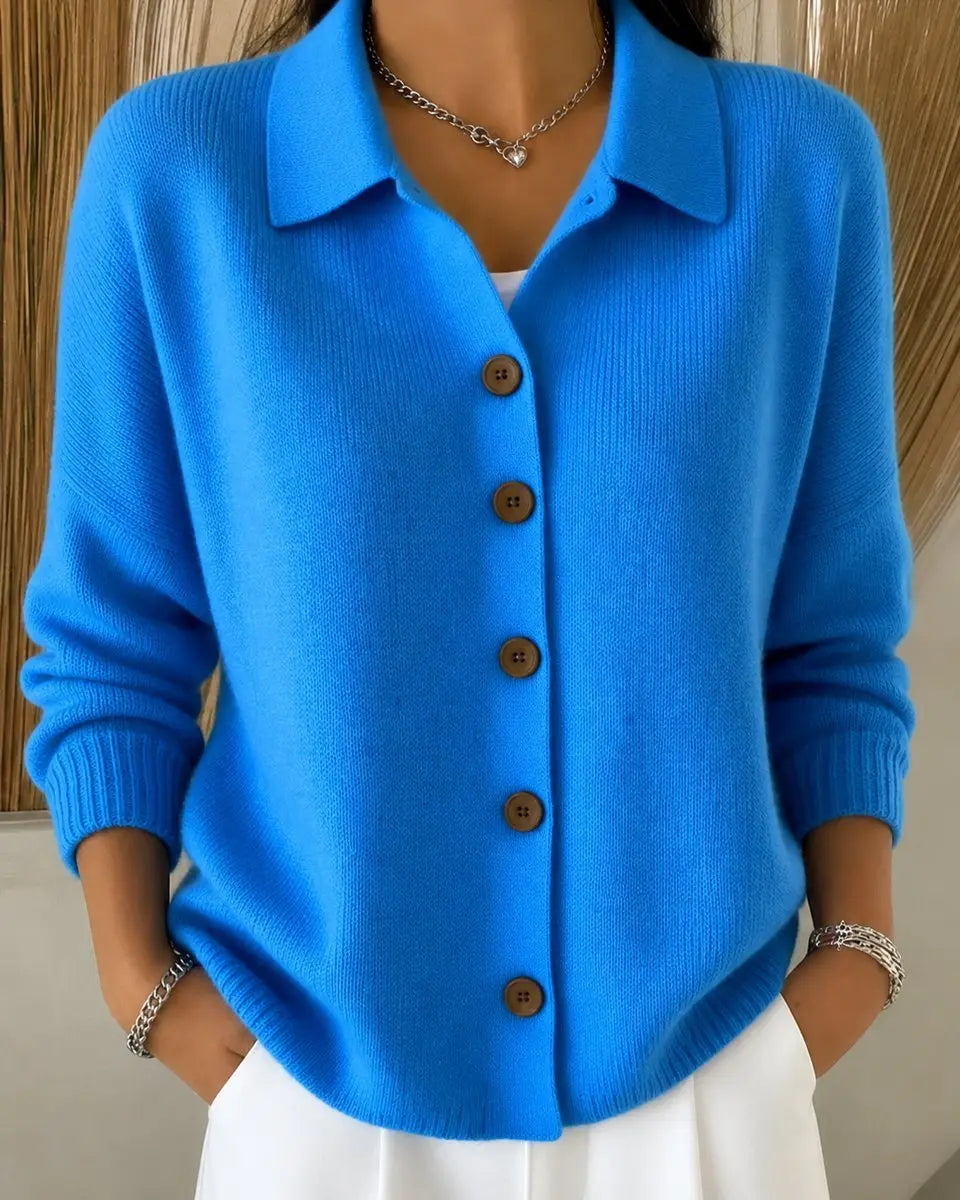 Cárdigan de punto para mujer, de corte holgado, con cuello de polo y botones delanteros