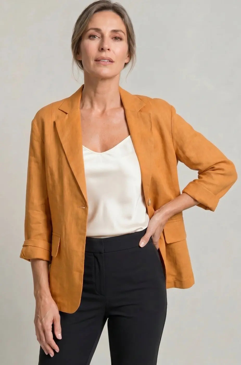 Blazer de lino para mujer, de corte holgado y con un botón, para looks de invitada de boda en otoño