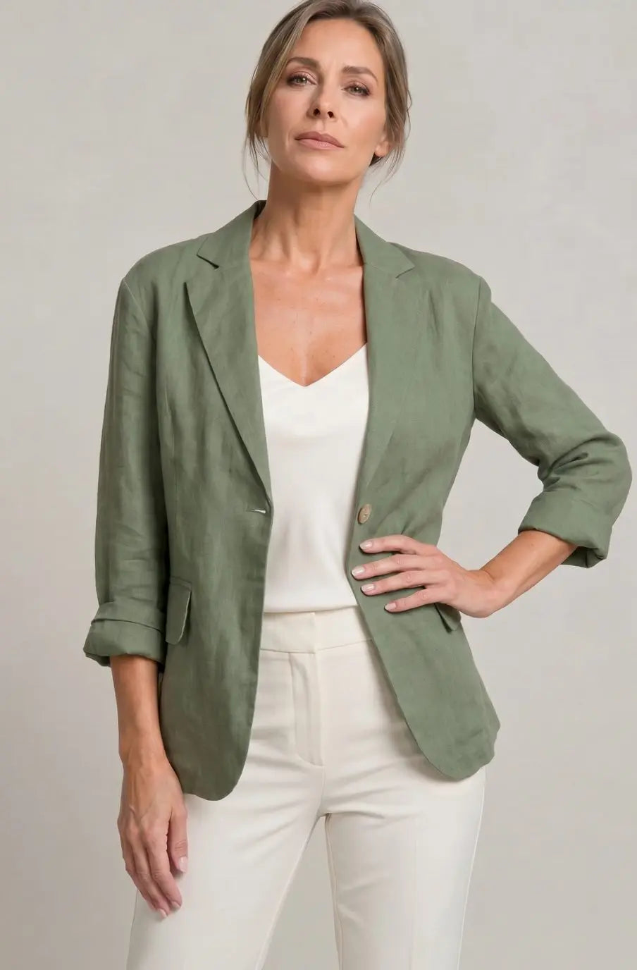 Blazer de lino para mujer, de corte holgado y con un botón, para looks de invitada de boda en otoño
