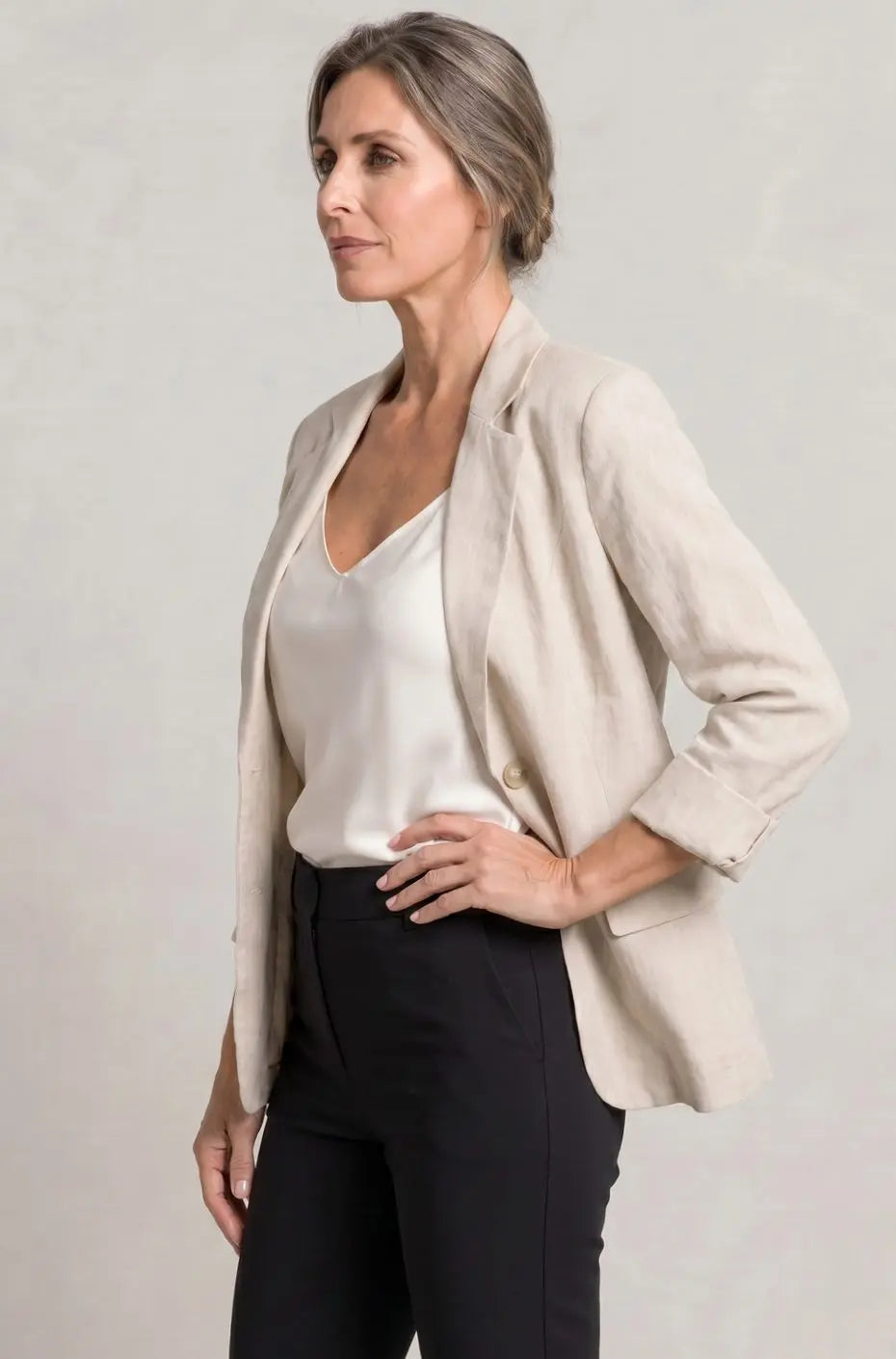 Blazer de lino para mujer, de corte holgado y con un botón, para looks de invitada de boda en otoño