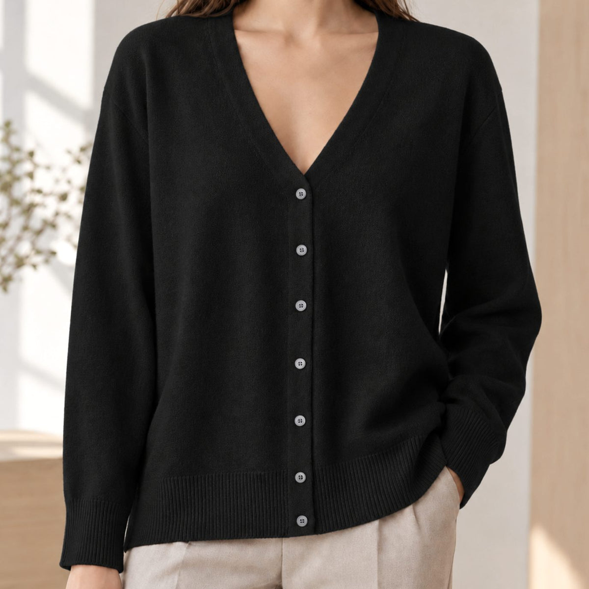 Cárdigan de punto para mujer, de corte holgado, con escote de pico y botones delanteros