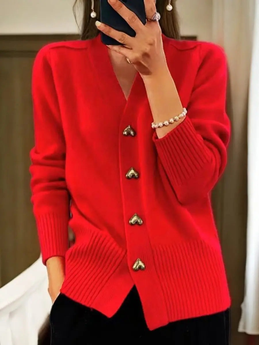 Cárdigan de punto para mujer, de corte holgado, con escote de pico y botones de corazón