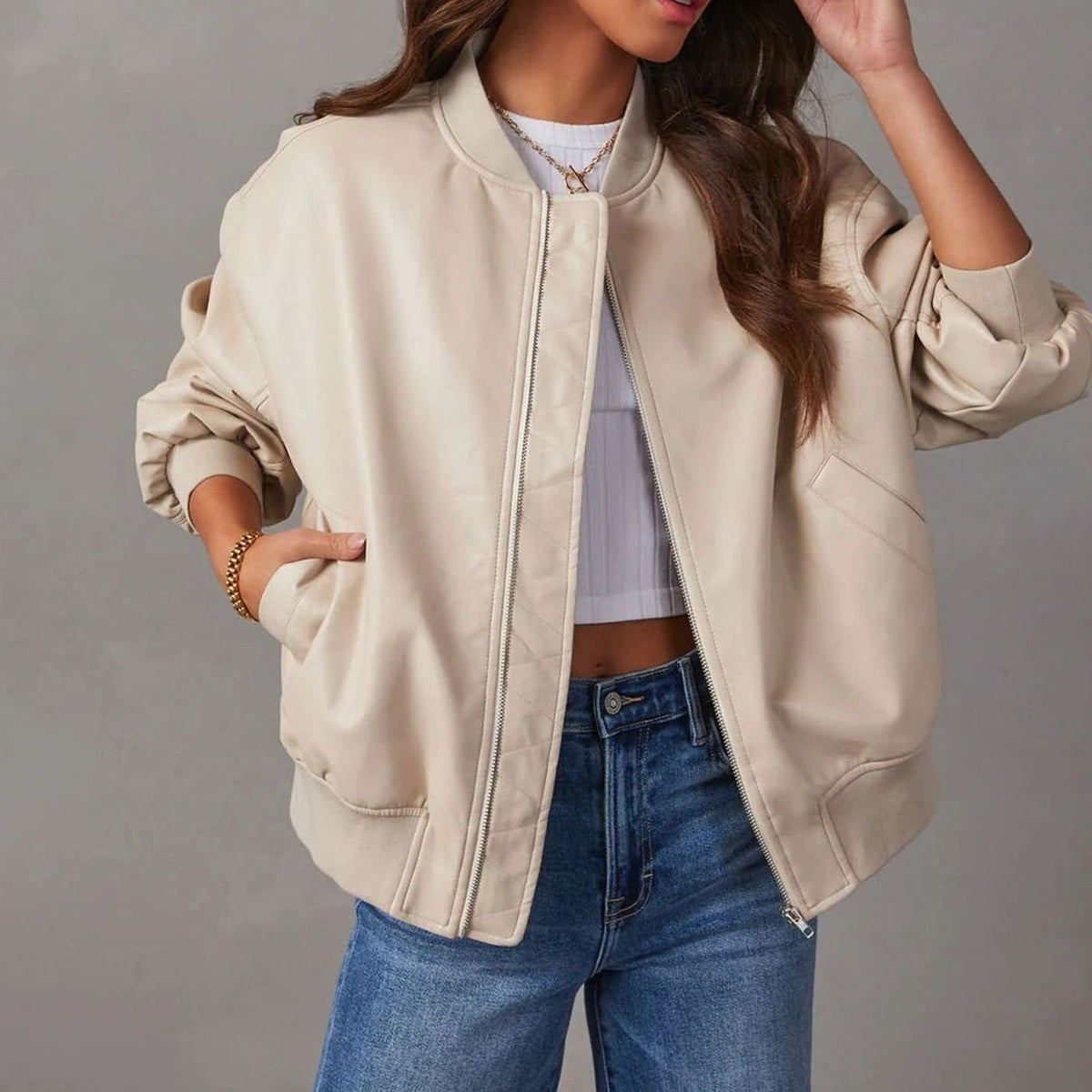 Chaqueta bomber de piel vegana para mujer, de corte holgado y con cremallera