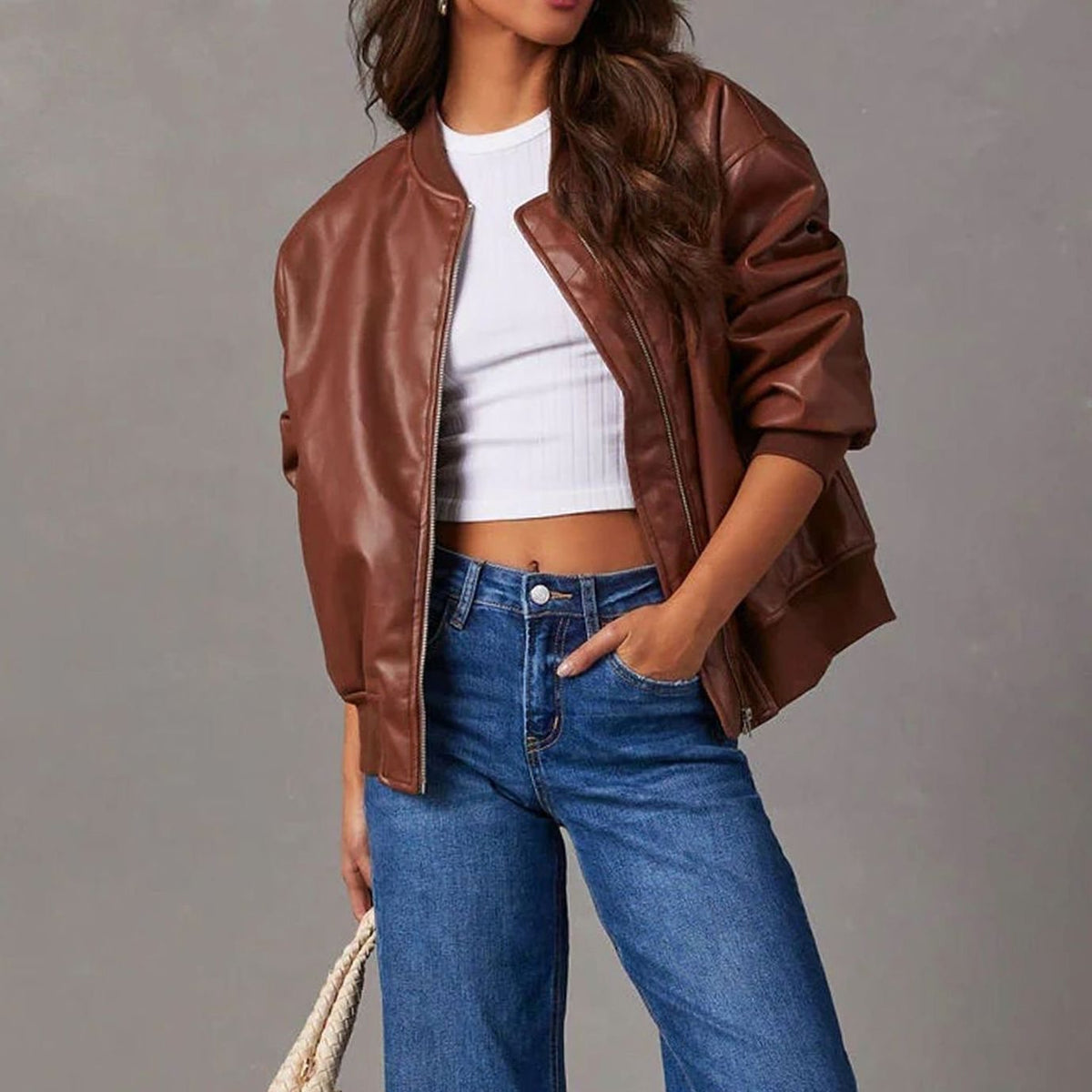 Chaqueta bomber de piel vegana para mujer, de corte holgado y con cremallera