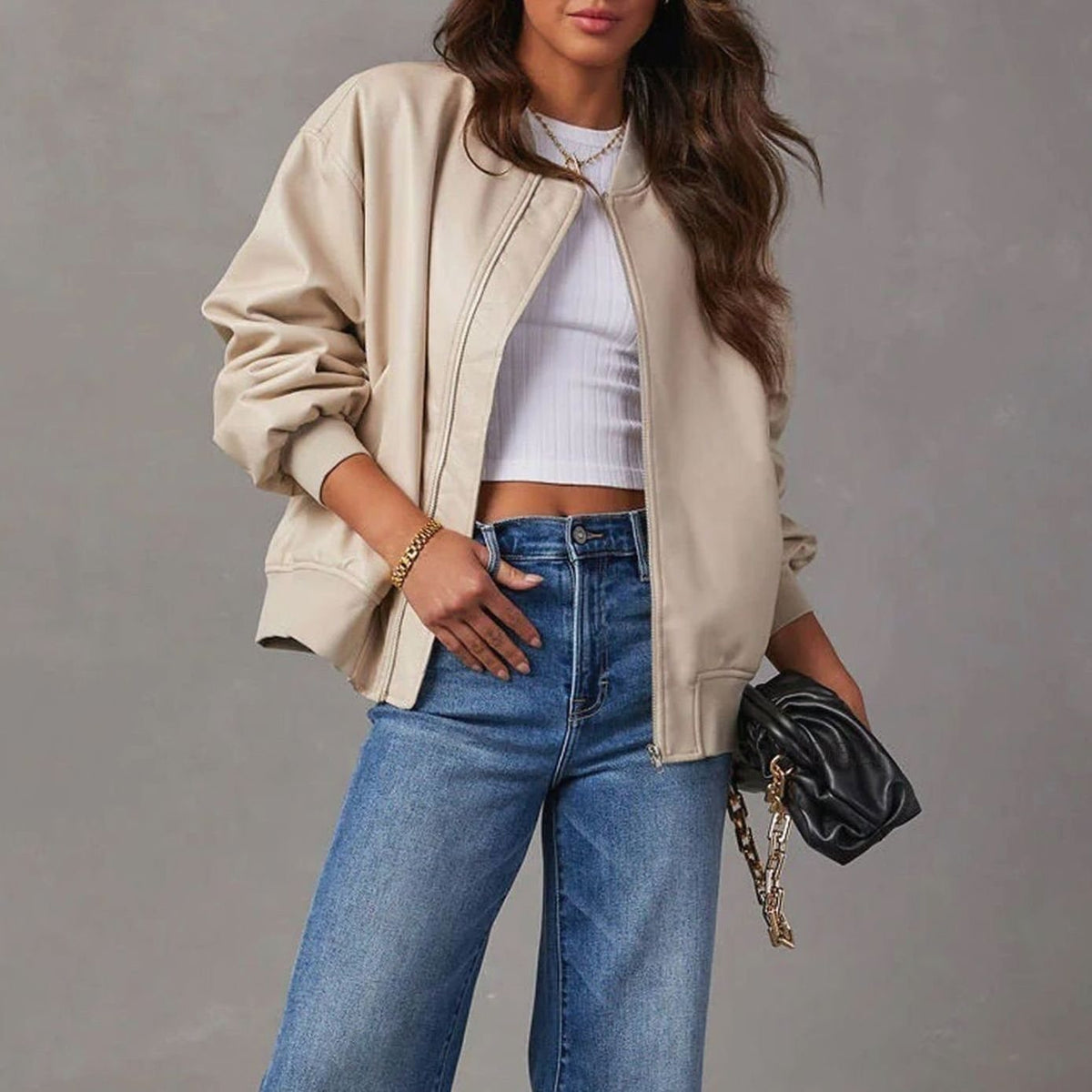 Chaqueta bomber de piel vegana para mujer, de corte holgado y con cremallera