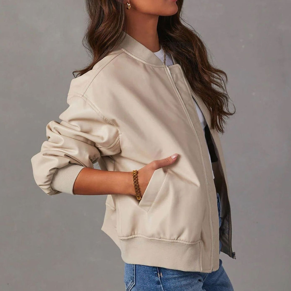 Chaqueta bomber de piel vegana para mujer, de corte holgado y con cremallera