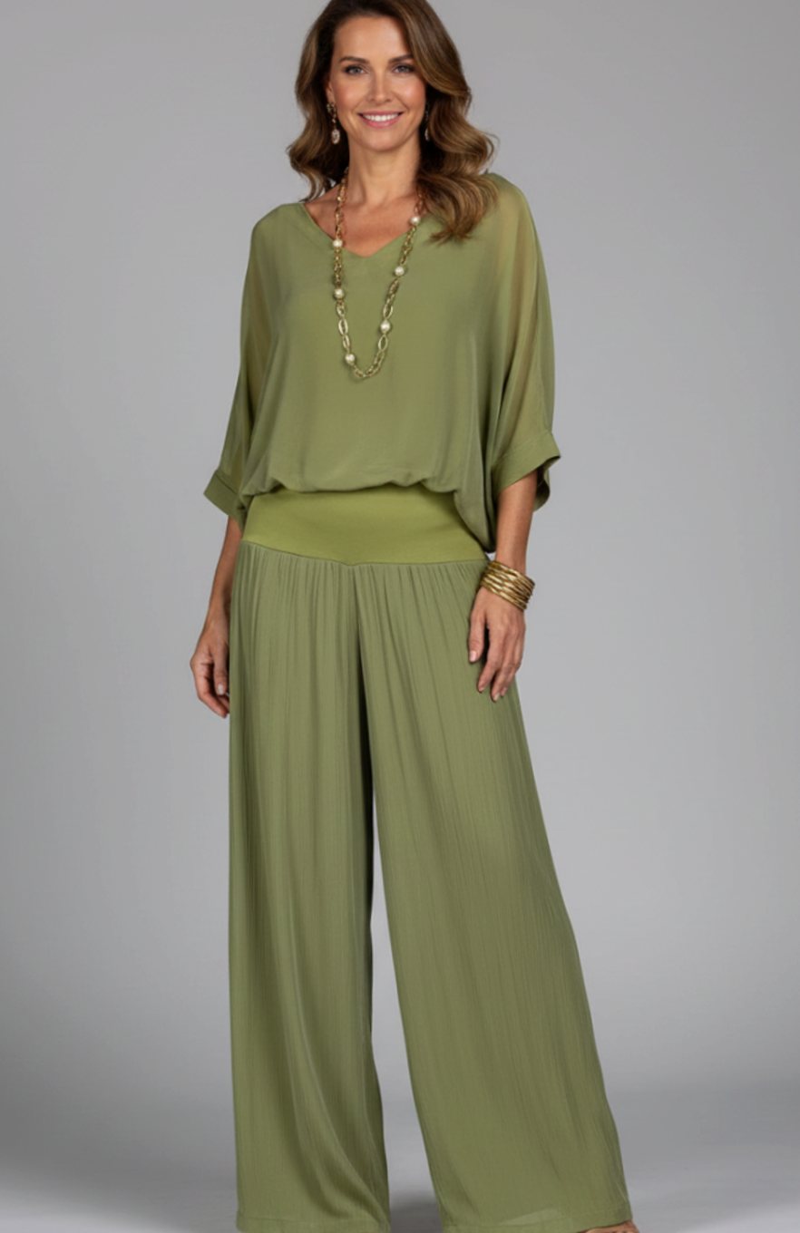 Conjunto de dos piezas de top de gasa y pantalón de pierna ancha, de corte holgado para mujer