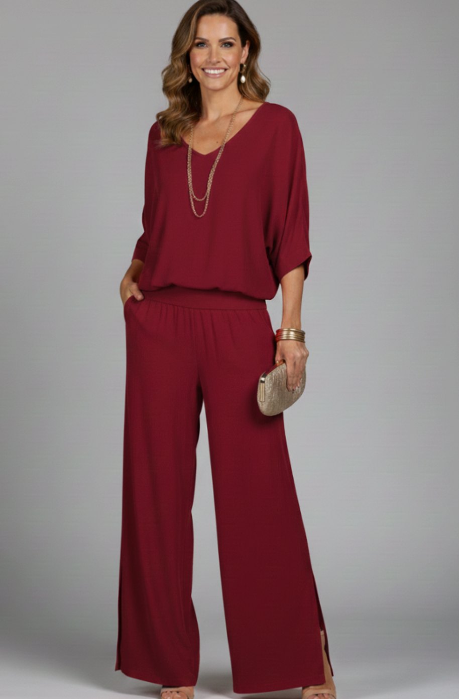 Conjunto de dos piezas de top de gasa y pantalón de pierna ancha, de corte holgado para mujer