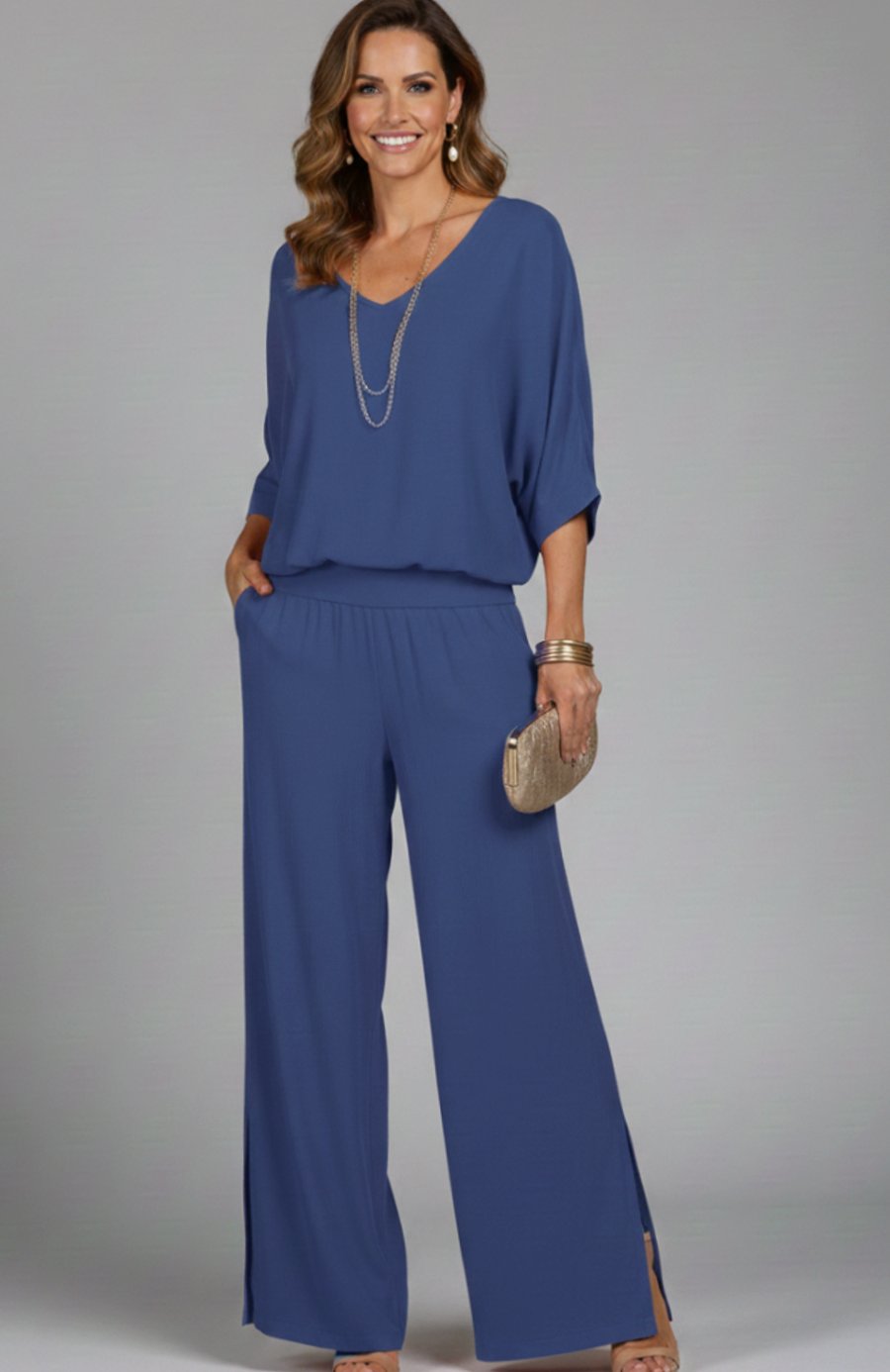 Conjunto de dos piezas de top de gasa y pantalón de pierna ancha, de corte holgado para mujer