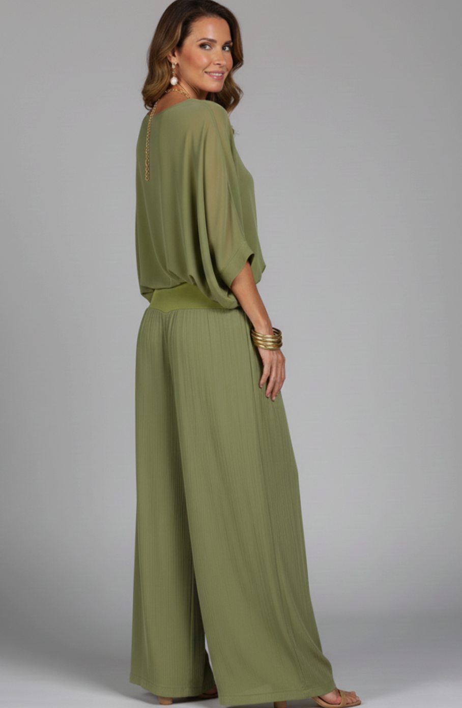 Conjunto de dos piezas de top de gasa y pantalón de pierna ancha, de corte holgado para mujer