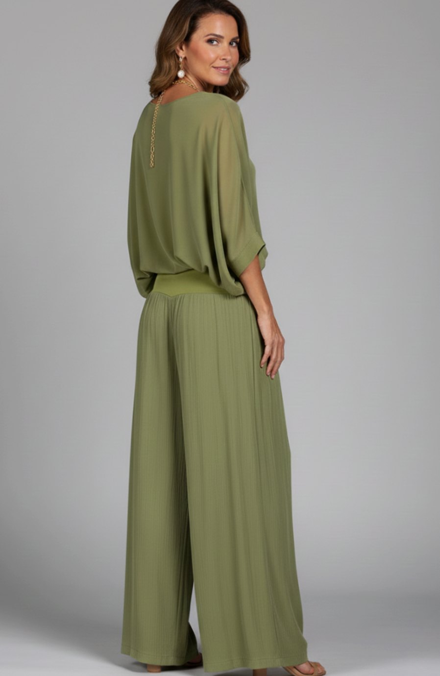 Conjunto de dos piezas de top de gasa y pantalón de pierna ancha, de corte holgado para mujer