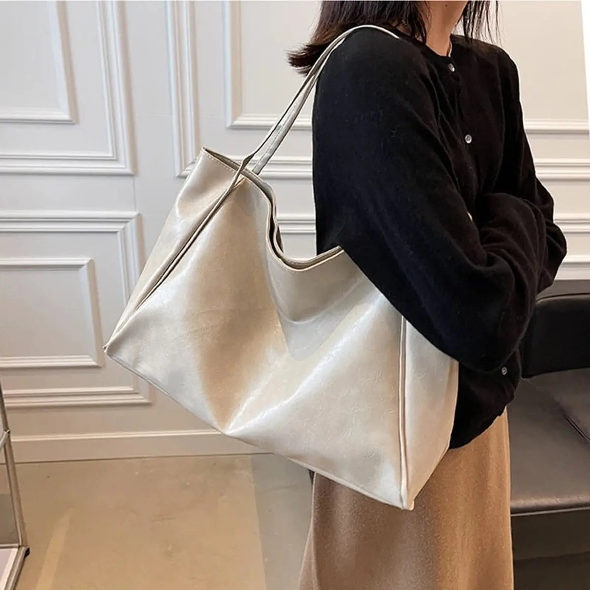Bolso tote grande de hombro para mujer, de piel sintética y estilo retro