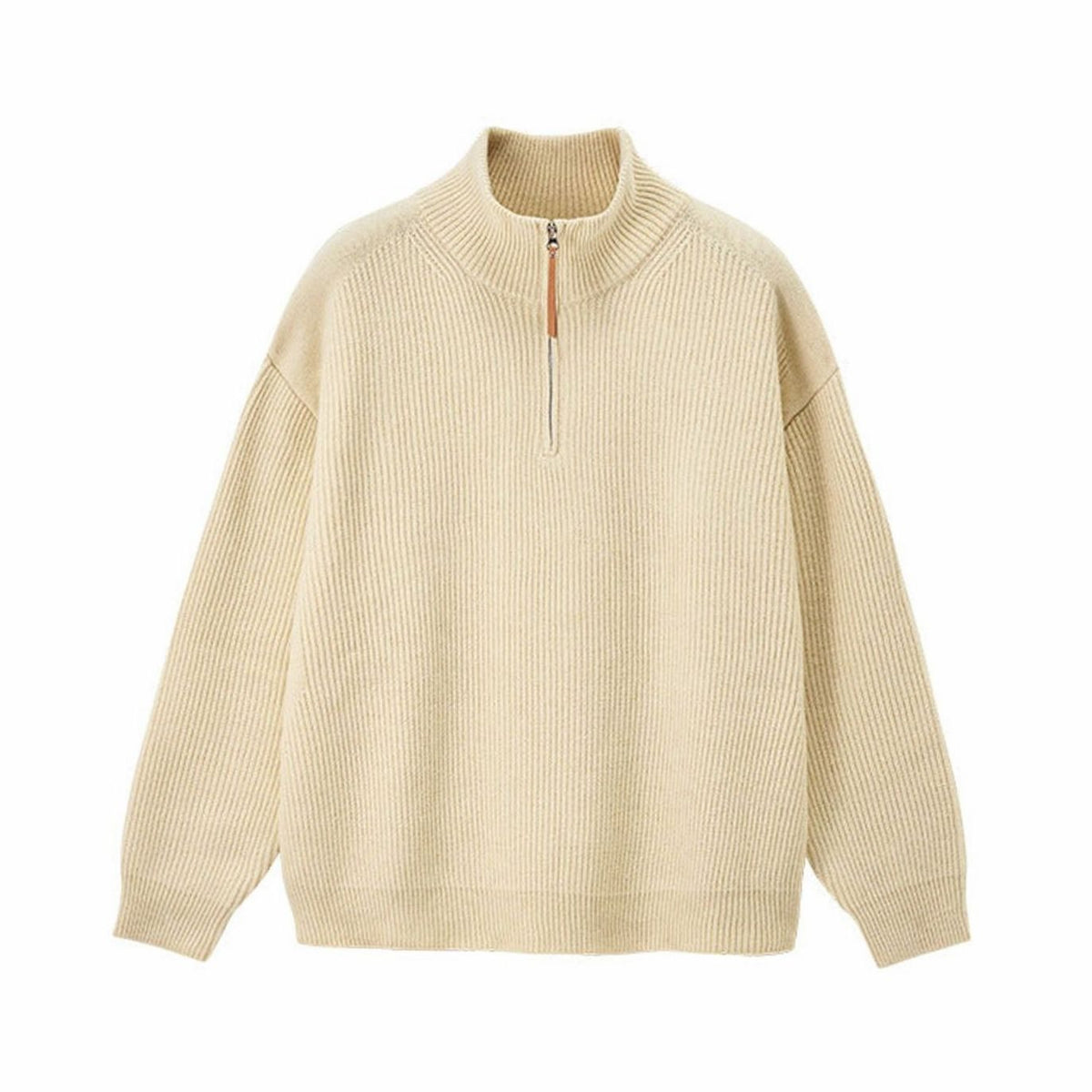 Jersey de punto de algodón acanalado para mujer, con media cremallera y cuello alto