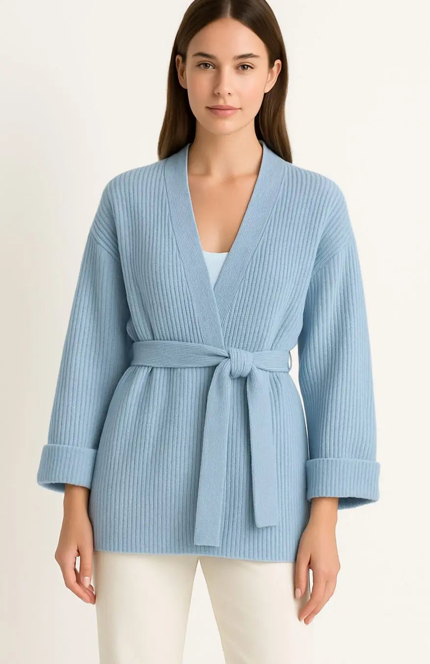 Jersey de punto acanalado para mujer con cárdigan envolvente, cinturón y cuello de pico