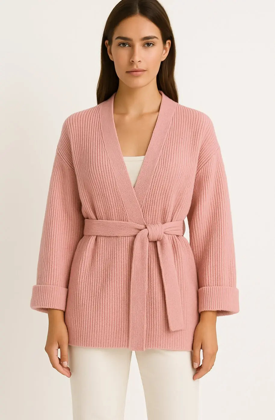 Jersey de punto acanalado para mujer con cárdigan envolvente, cinturón y cuello de pico