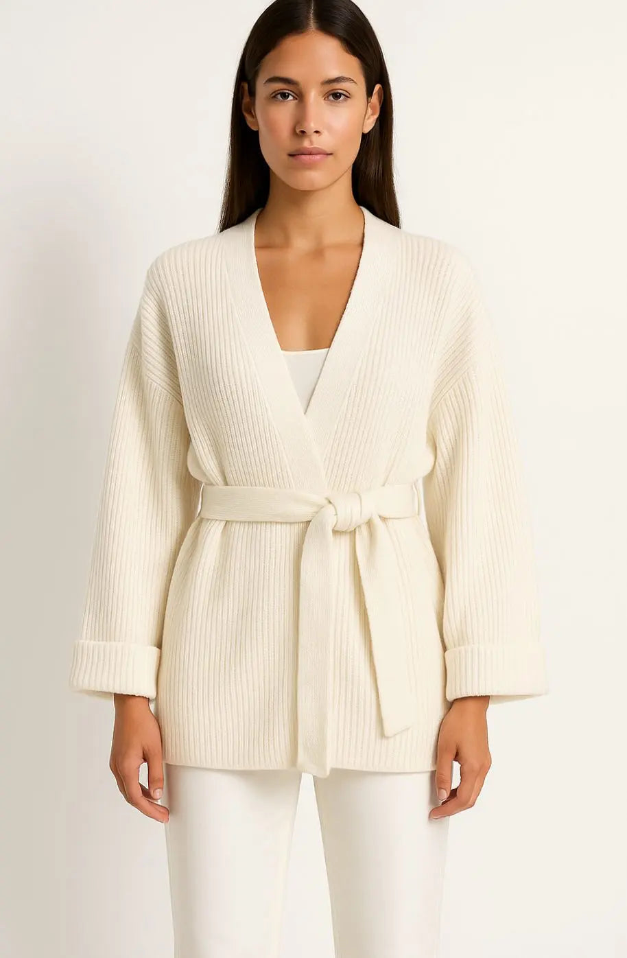 Jersey de punto acanalado para mujer con cárdigan envolvente, cinturón y cuello de pico