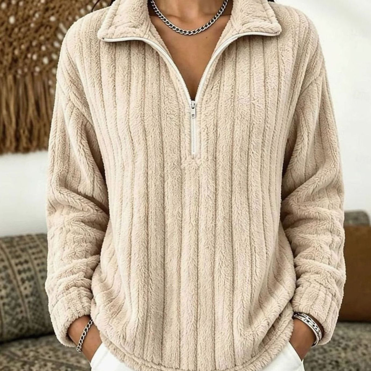 Jersey polar afelpado de punto acanalado para mujer, con cremallera de un cuarto