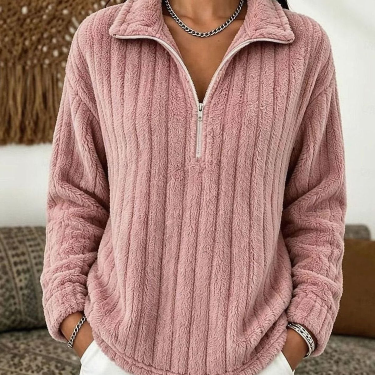 Jersey polar afelpado de punto acanalado para mujer, con cremallera de un cuarto
