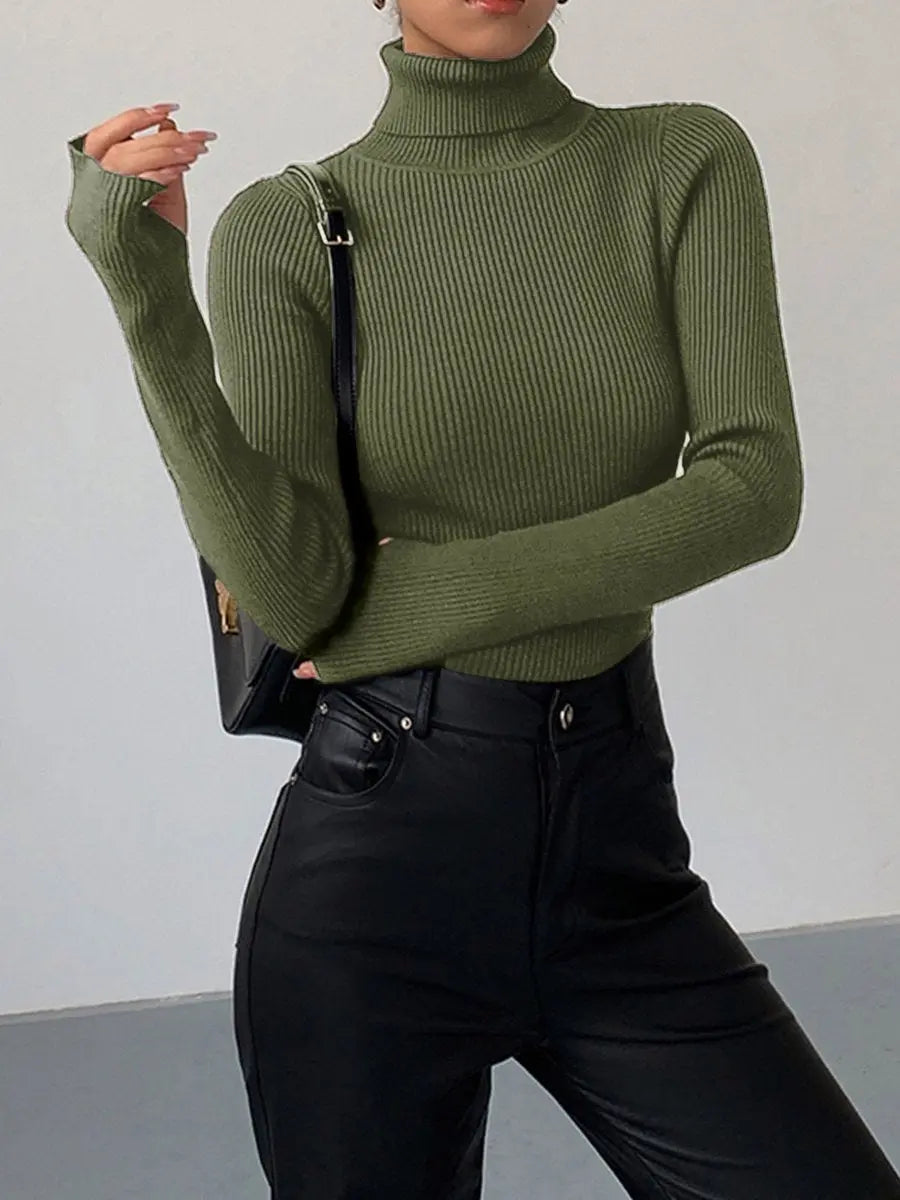 Suéter de punto acanalado de cuello alto para mujer, ligero y de entretiempo