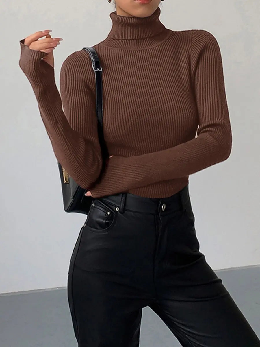 Suéter de punto acanalado de cuello alto para mujer, ligero y de entretiempo