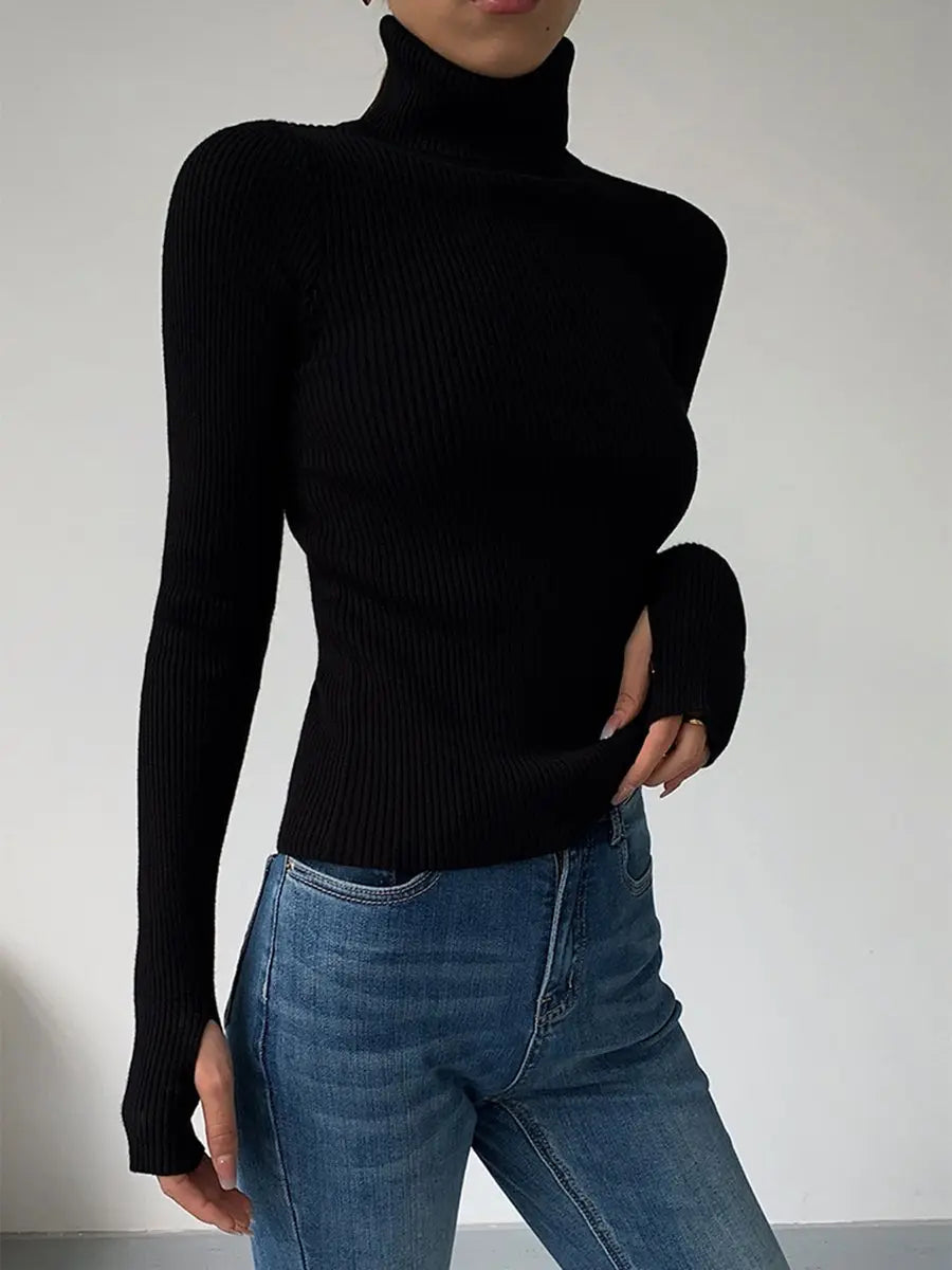 Suéter de punto acanalado de cuello alto para mujer, ligero y de entretiempo