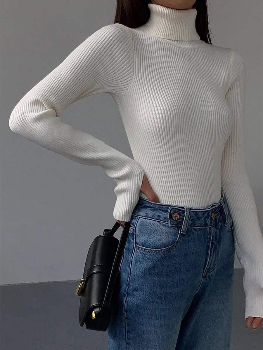 Suéter de punto acanalado de cuello alto para mujer, ligero y de entretiempo