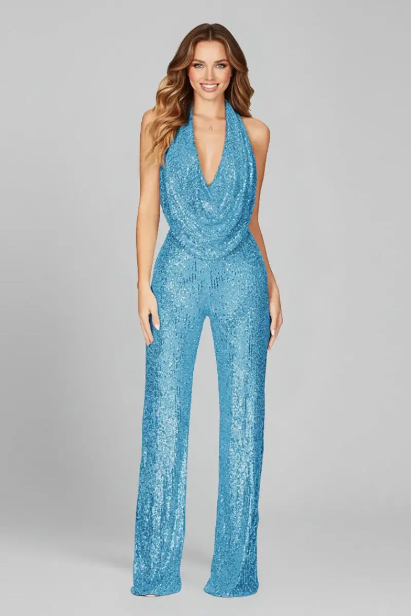 Mono de mujer de lentejuelas, con escote halter drapeado y pantalón de pierna ancha