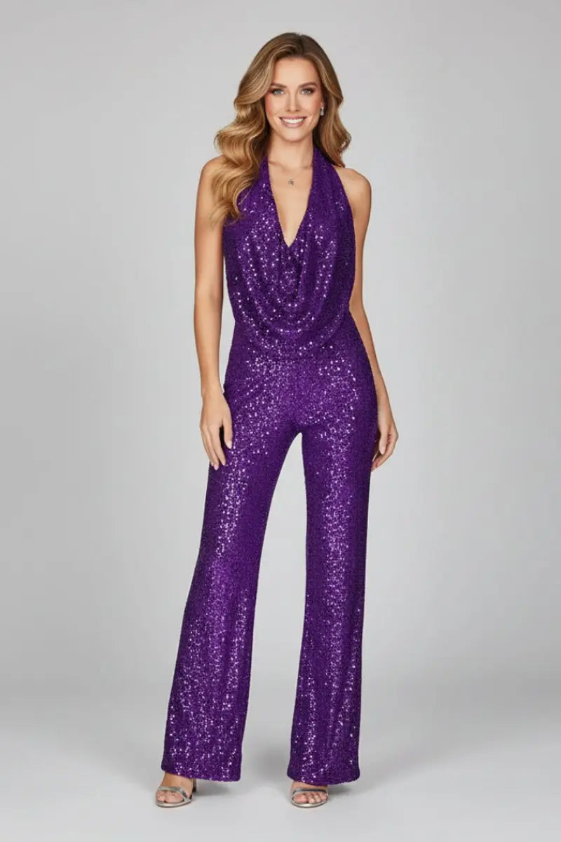 Mono de mujer de lentejuelas, con escote halter drapeado y pantalón de pierna ancha