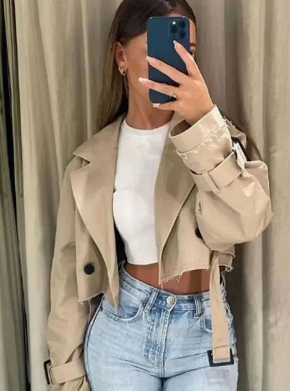 Gabardina corta beige de mujer, chaqueta corta de manga larga