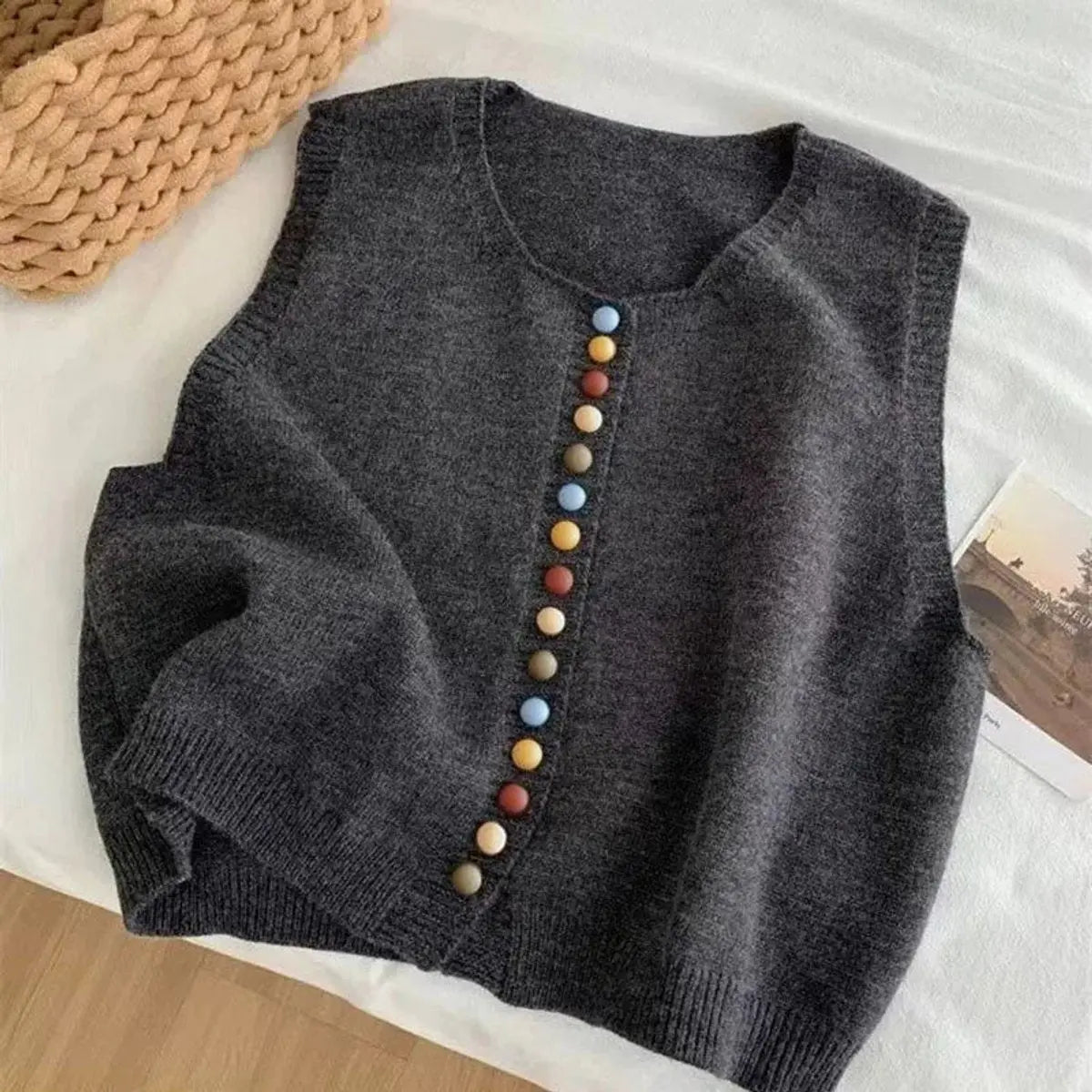 Chaleco cárdigan de punto para mujer, sin mangas y con botones delanteros