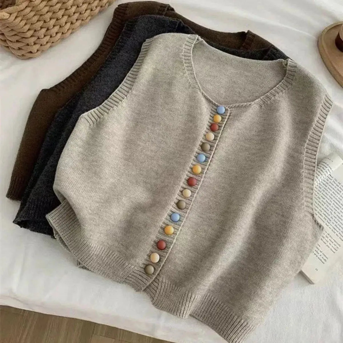 Chaleco cárdigan de punto para mujer, sin mangas y con botones delanteros