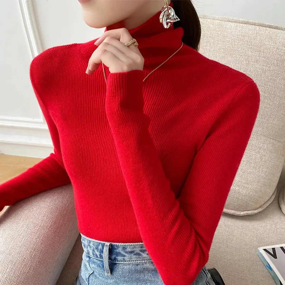 Jersey de cachemira de corte entallado y cuello alto para mujer