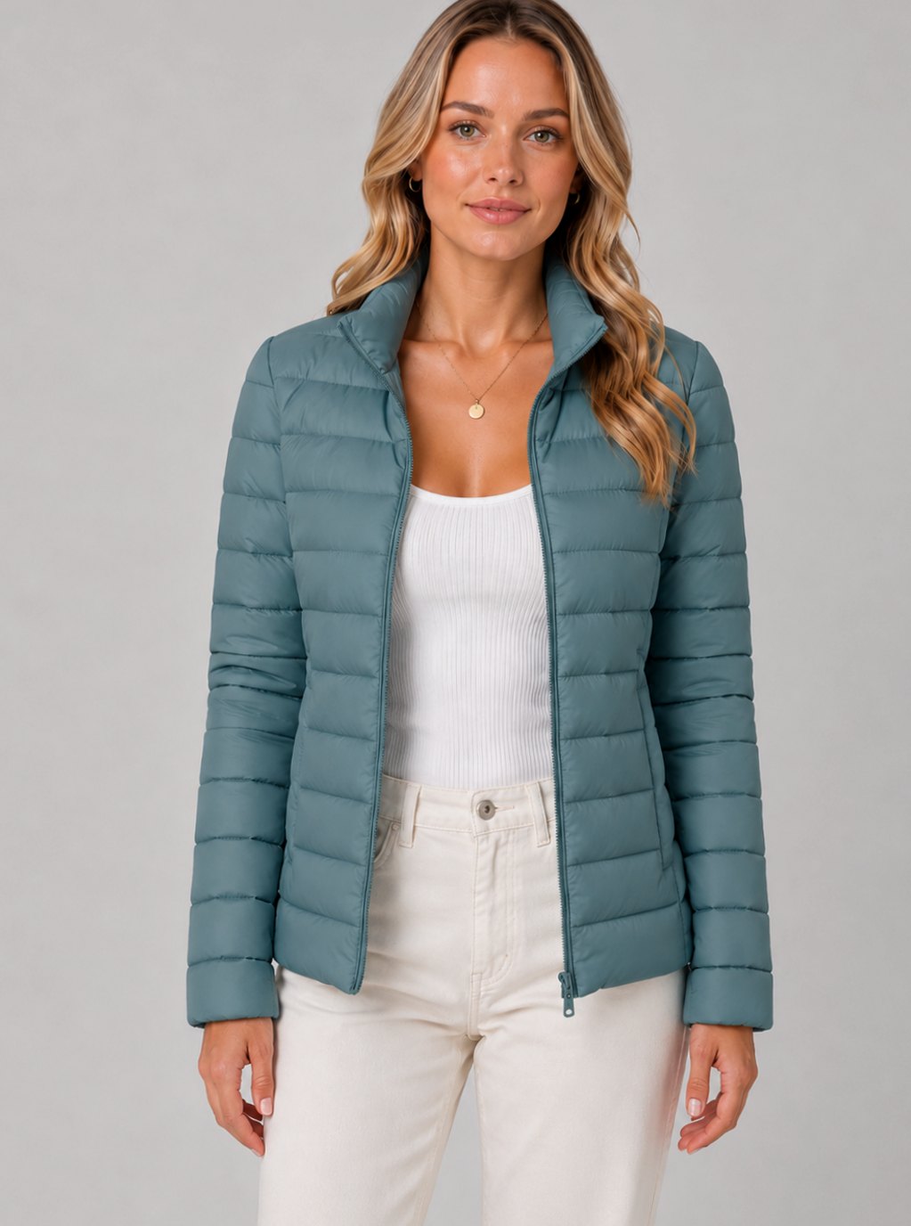 Chaqueta acolchada ligera de verano con cremallera y corte entallado para mujer