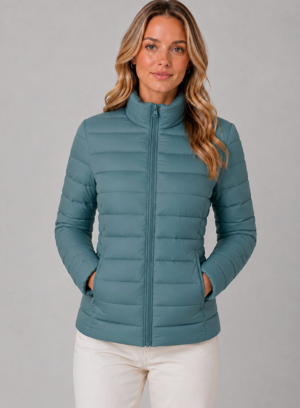 Chaqueta acolchada ligera de verano con cremallera y corte entallado para mujer