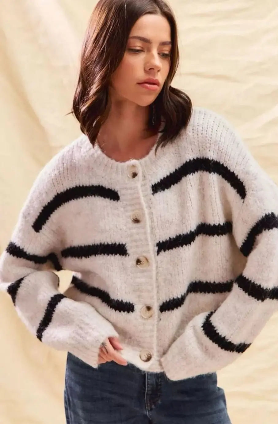 Cárdigan de punto de invierno a rayas para mujer, con botones frontales