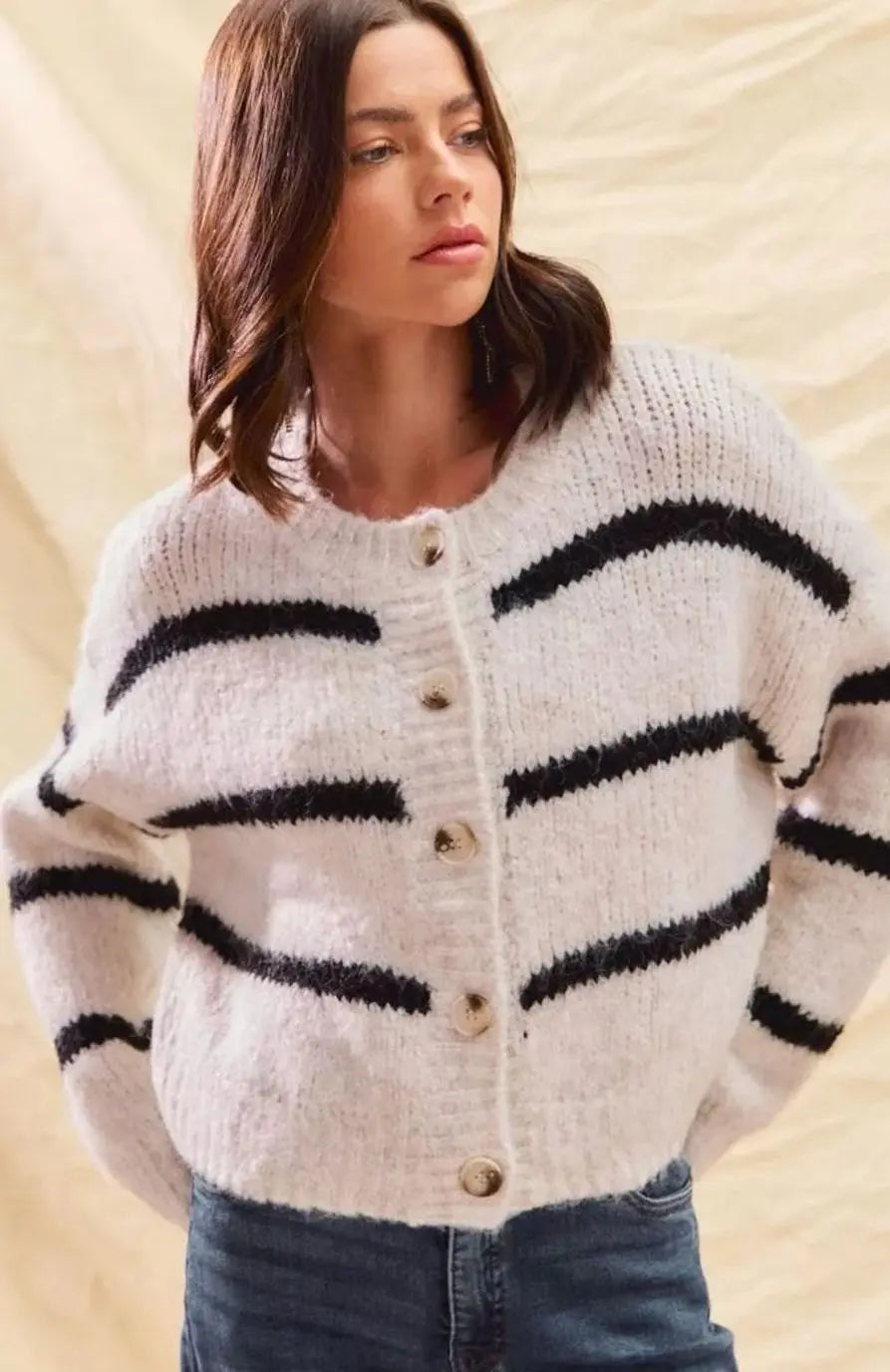 Cárdigan de punto de invierno a rayas para mujer, con botones frontales