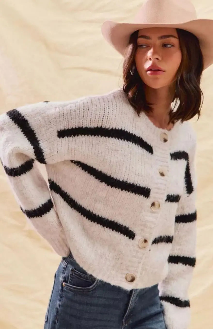 Cárdigan de punto de invierno a rayas para mujer, con botones frontales