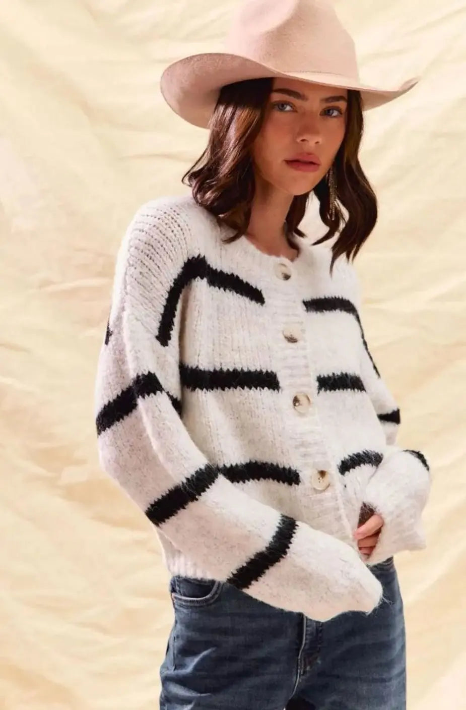 Cárdigan de punto de invierno a rayas para mujer, con botones frontales