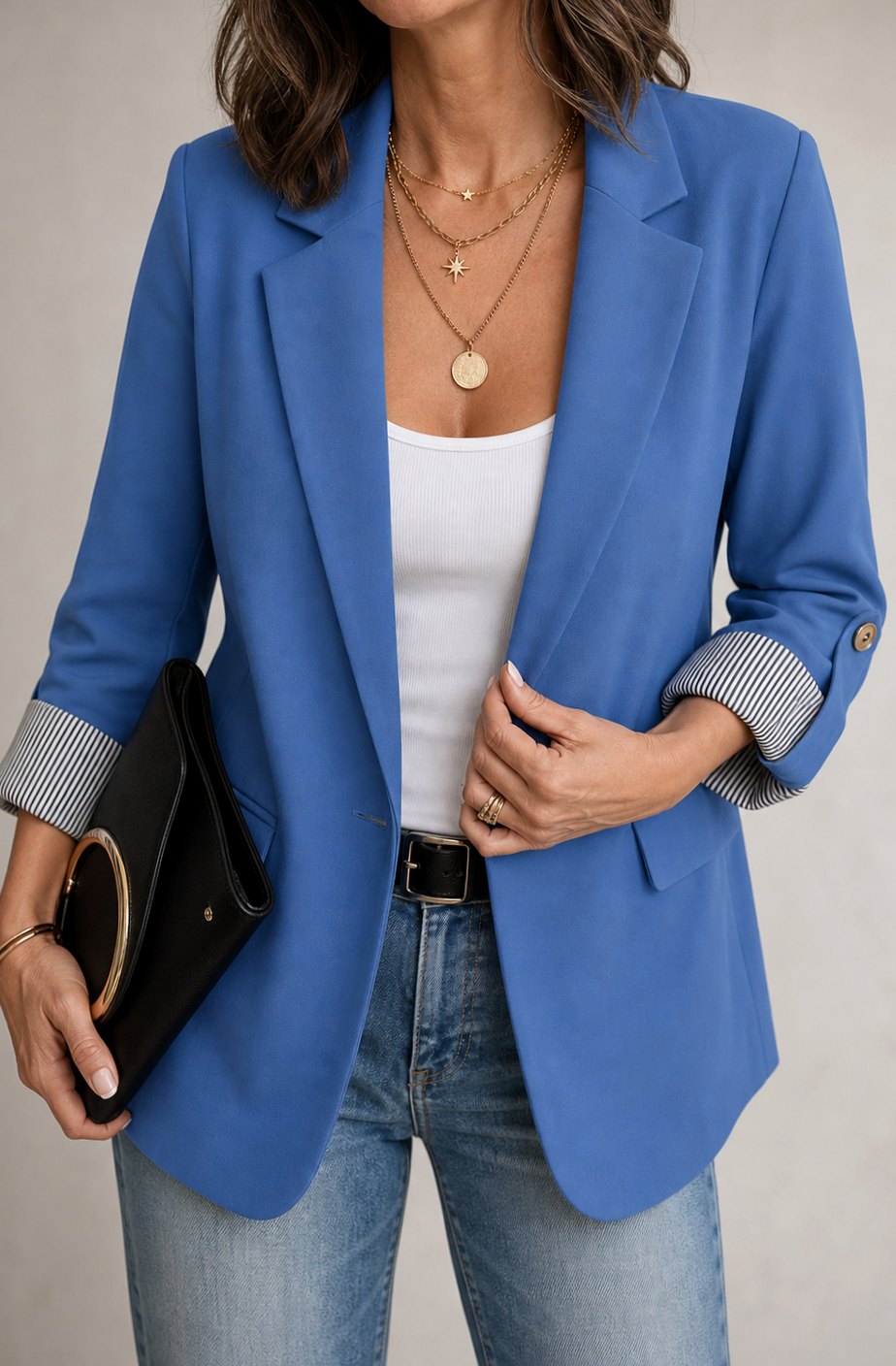 Blazer de corte suave para mujer, con puños a rayas y mangas remangables, azul
