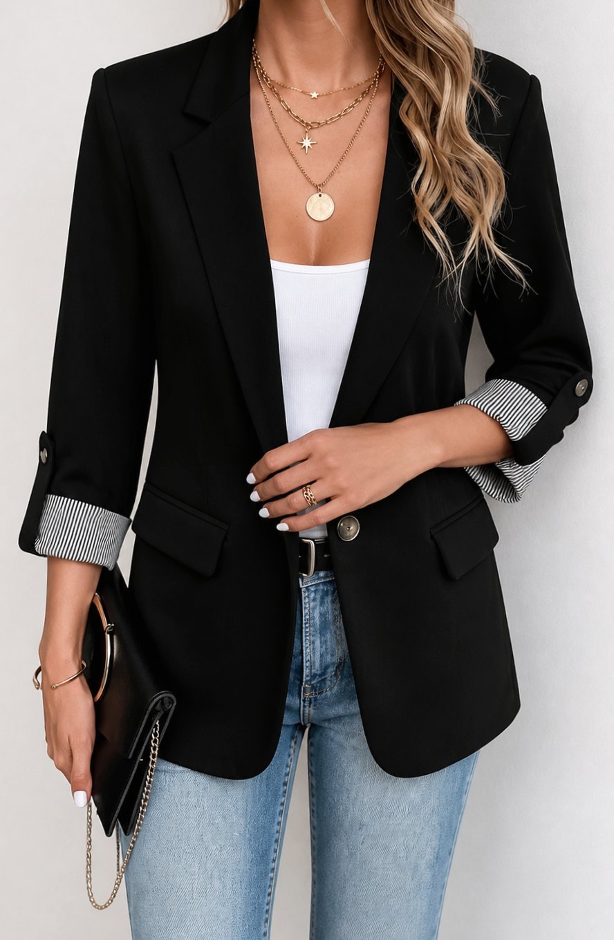 Blazer de corte suave para mujer, con puños a rayas y mangas remangables, azul