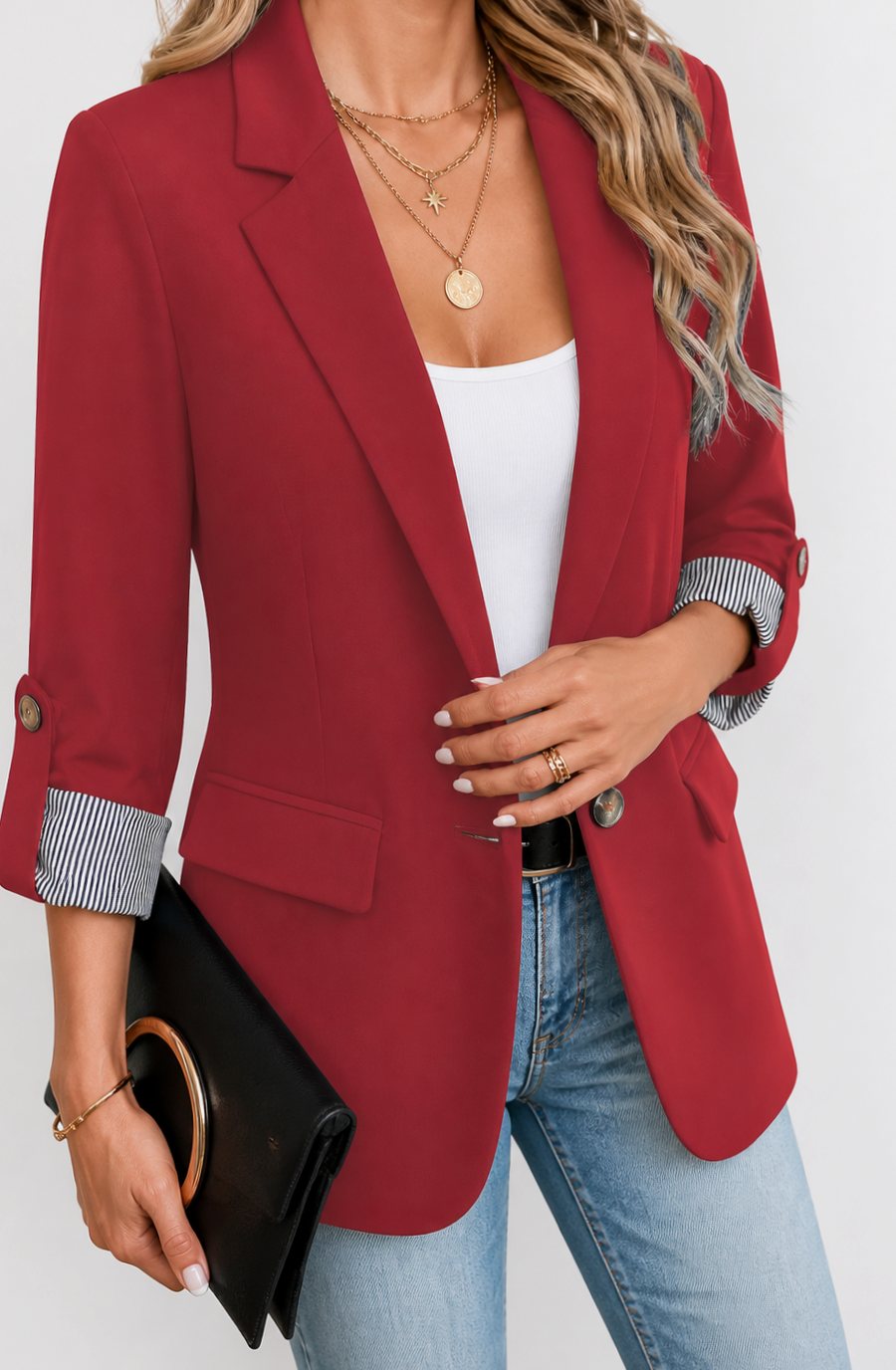 Blazer de corte suave para mujer, con puños a rayas y mangas remangables, azul