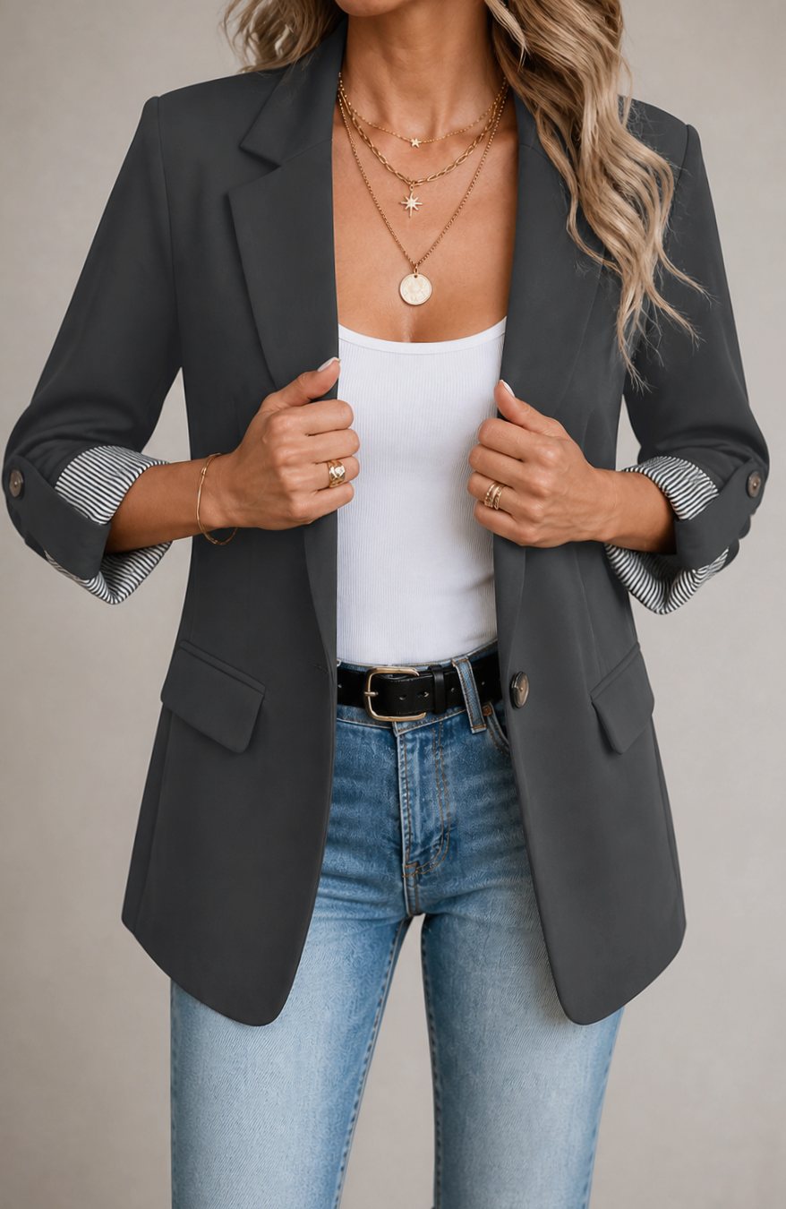 Blazer de corte suave para mujer, con puños a rayas y mangas remangables, azul
