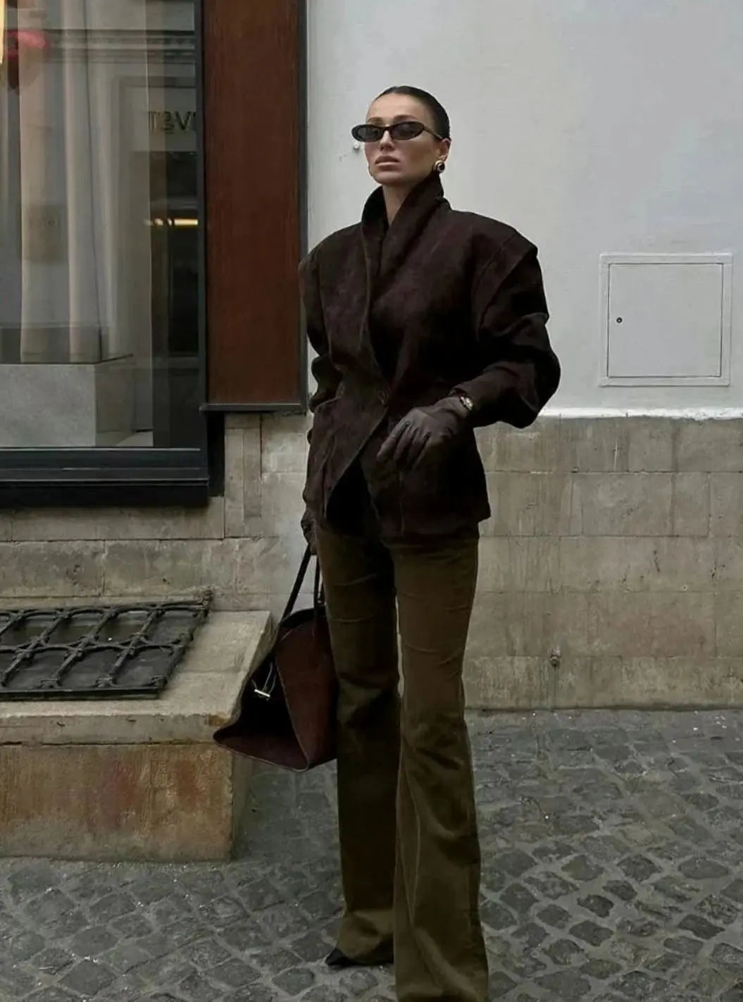 Chaqueta blazer cruzada estructurada de ante sintético para mujer