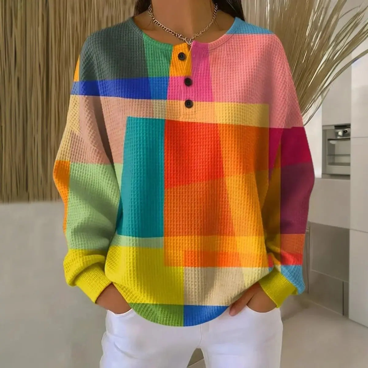 Jersey de punto gofrado de manga larga para mujer, con bloques de color y cuello Henley