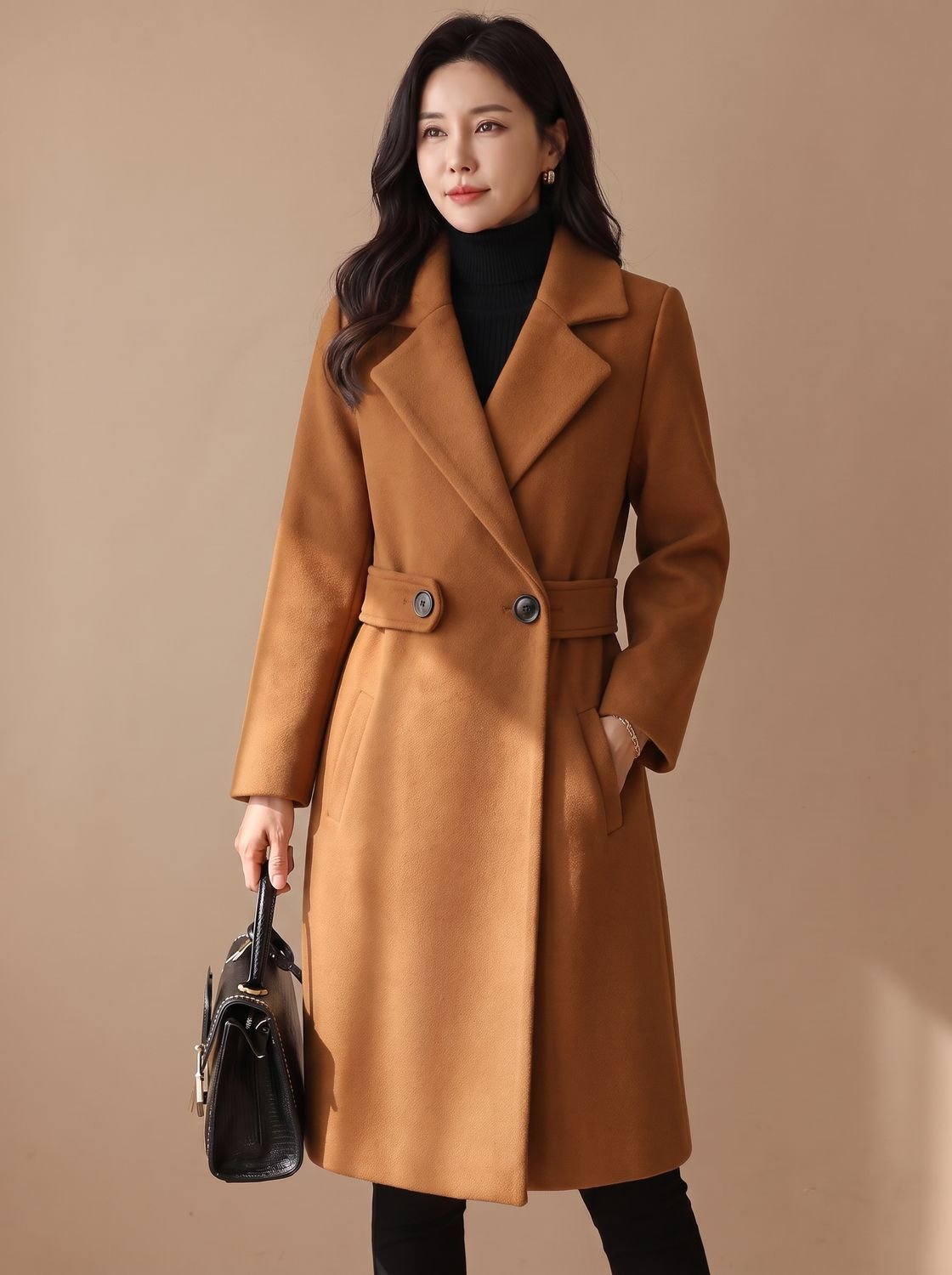 Emily | Abrigo de lana entallado con cinturón para mujer, largo, elegante, prenda de abrigo