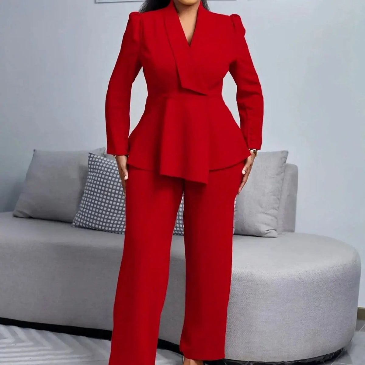 Conjunto de traje entallado para mujer, con blazer péplum y pantalón de pierna ancha