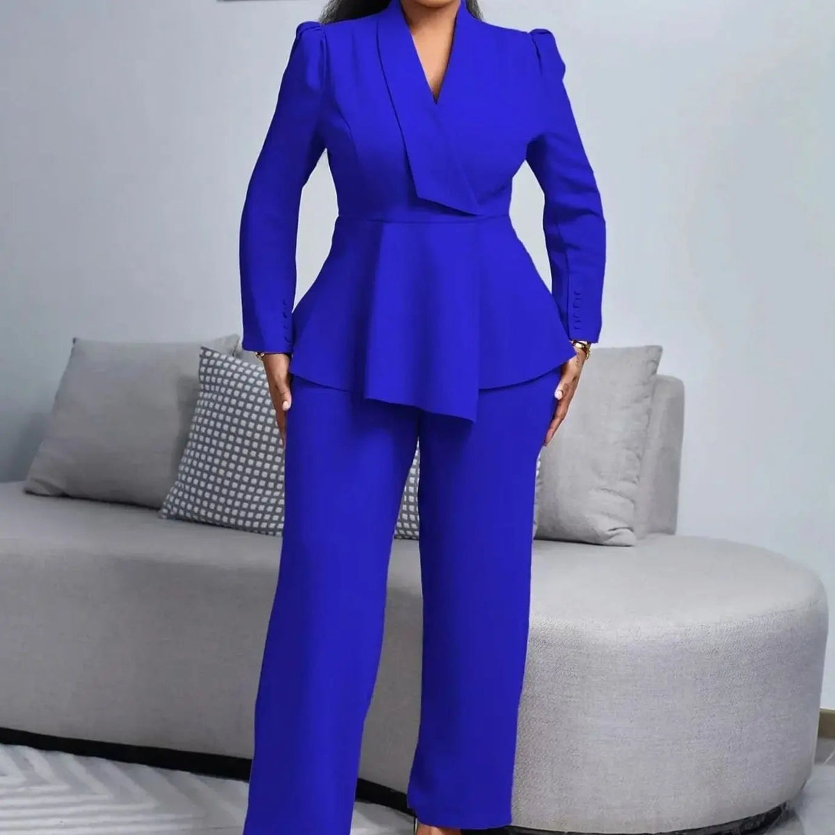 Conjunto de traje entallado para mujer, con blazer péplum y pantalón de pierna ancha