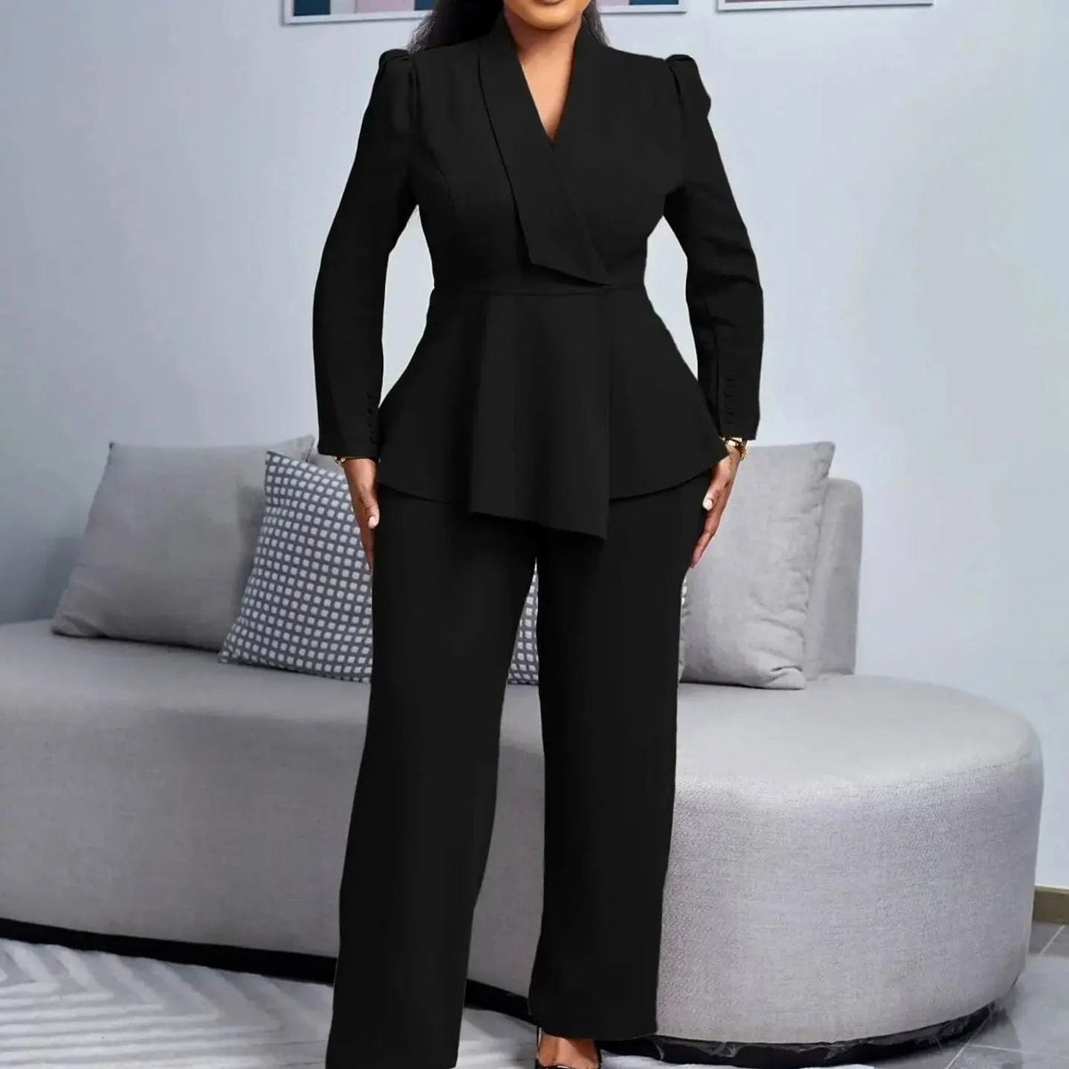 Conjunto de traje entallado para mujer, con blazer péplum y pantalón de pierna ancha