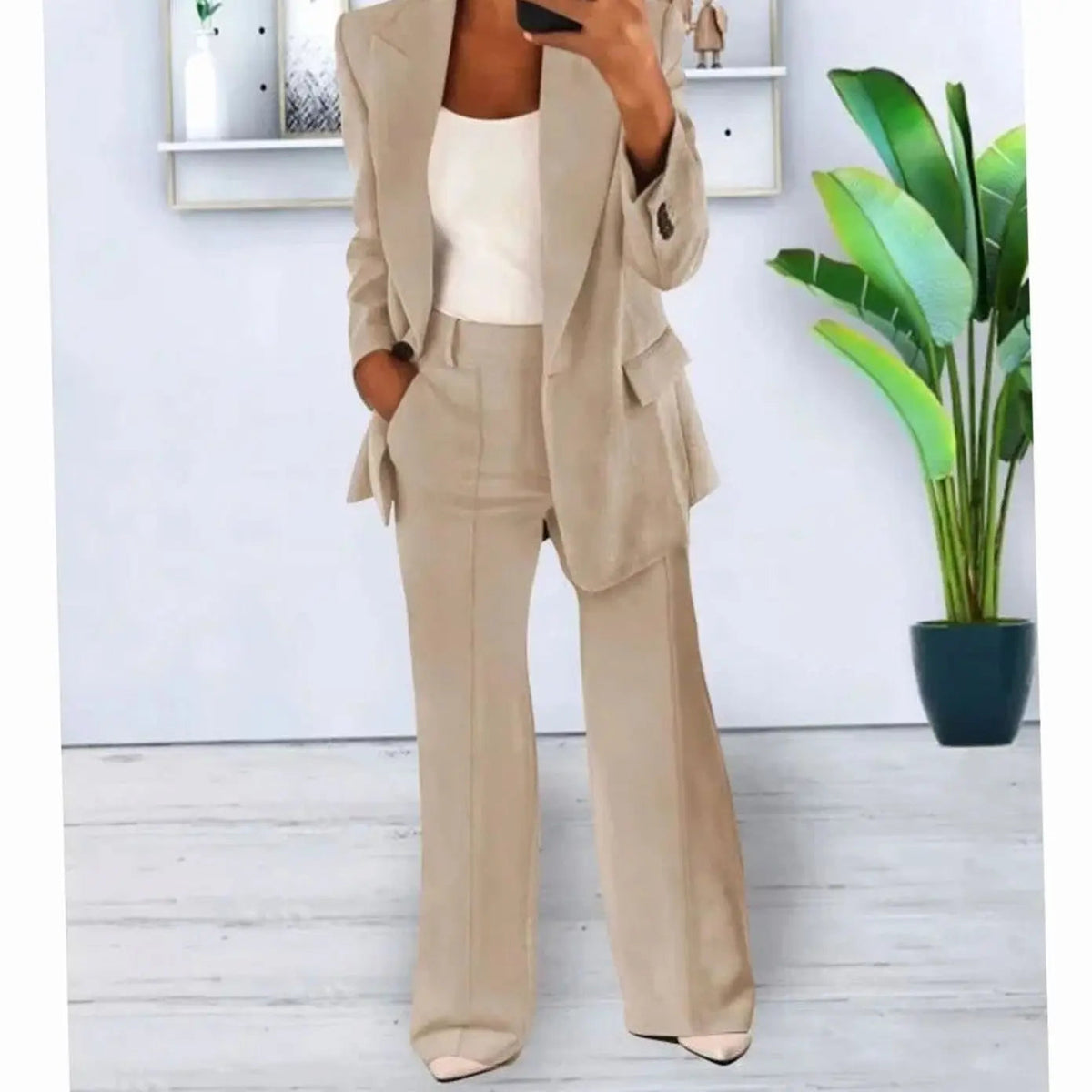 Conjunto de traje de dos piezas entallado para mujer, con blazer largo y pantalón de pierna ancha