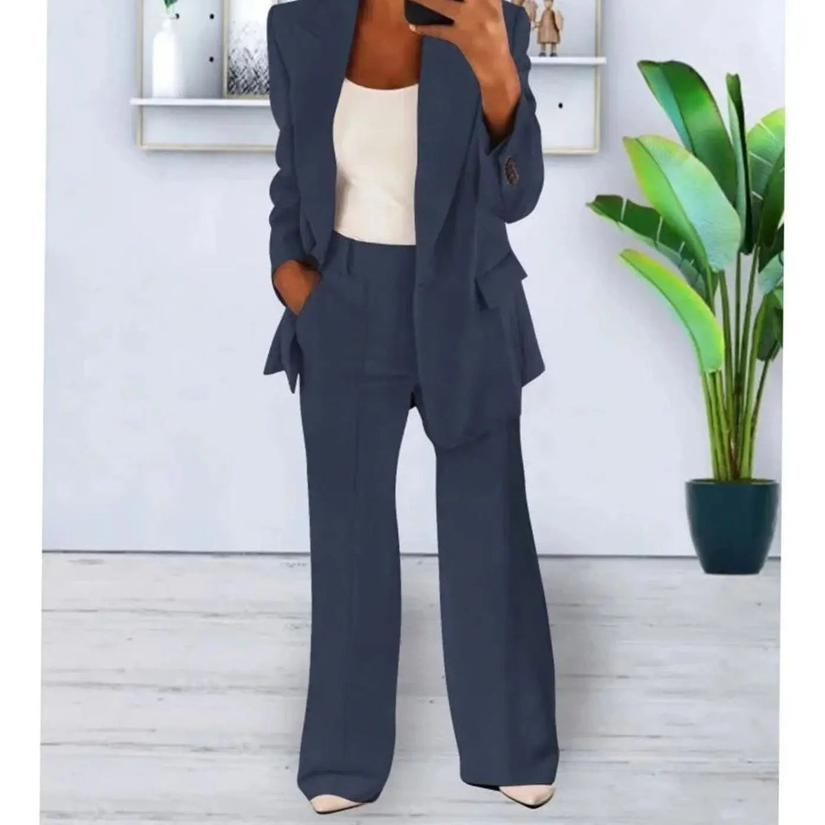 Conjunto de traje de dos piezas entallado para mujer, con blazer largo y pantalón de pierna ancha